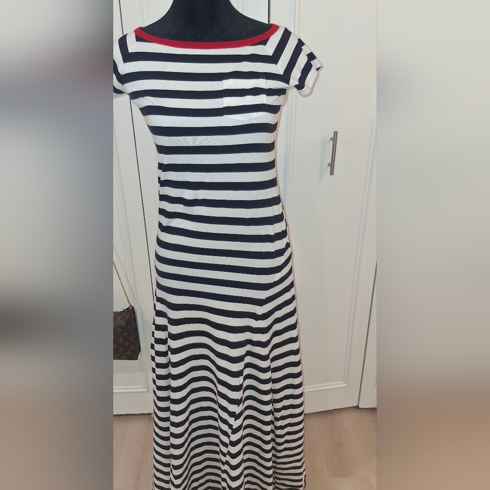 Ralph Lauren Bavy & White Striped Maxi Dress with Red Trim